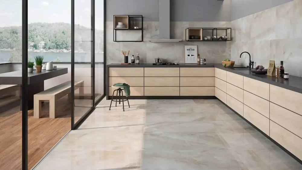 Kitchen with marble-look porcelain floor and wood cabinets