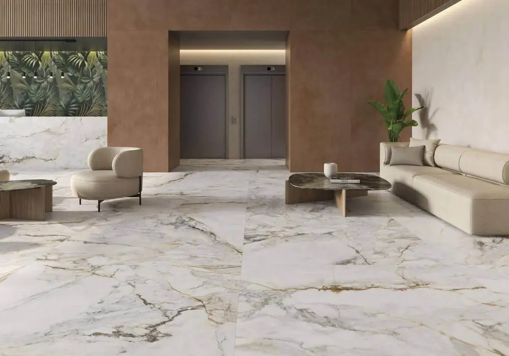 Large-format marble-look porcelain tiles in a lobby