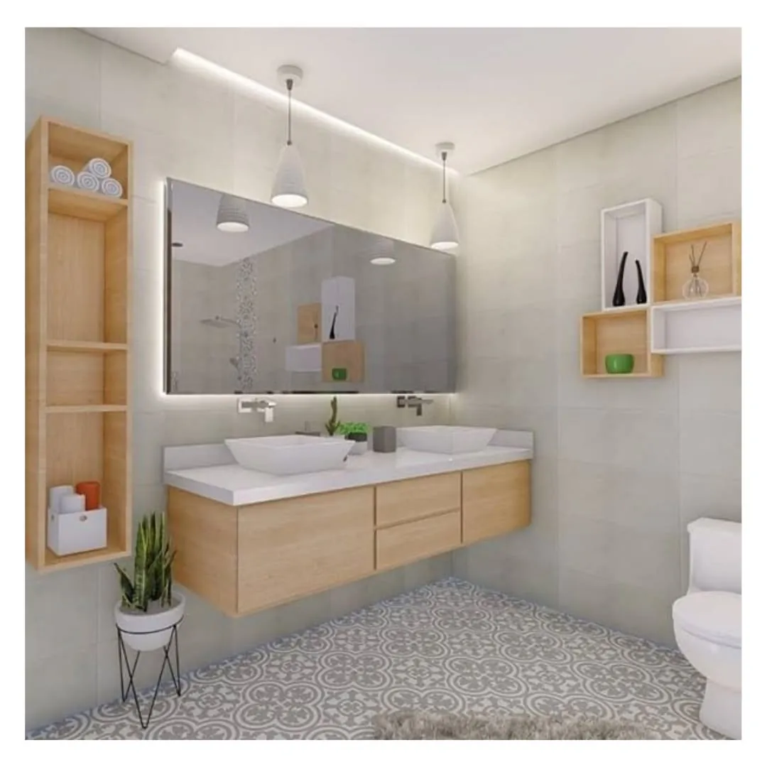 Bathroom with wood vanity and terrazzo floor