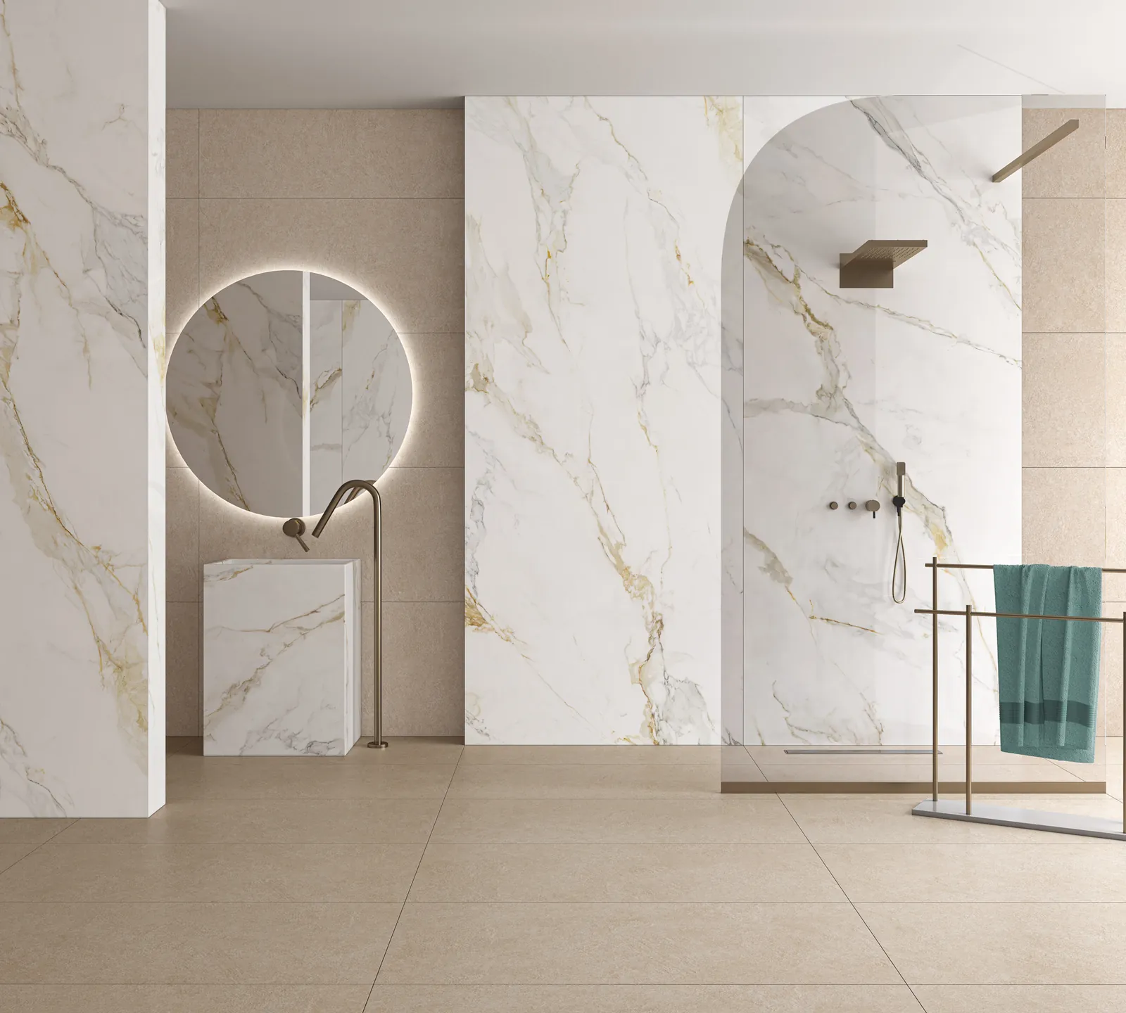 Marble-look porcelain bathroom with round mirror