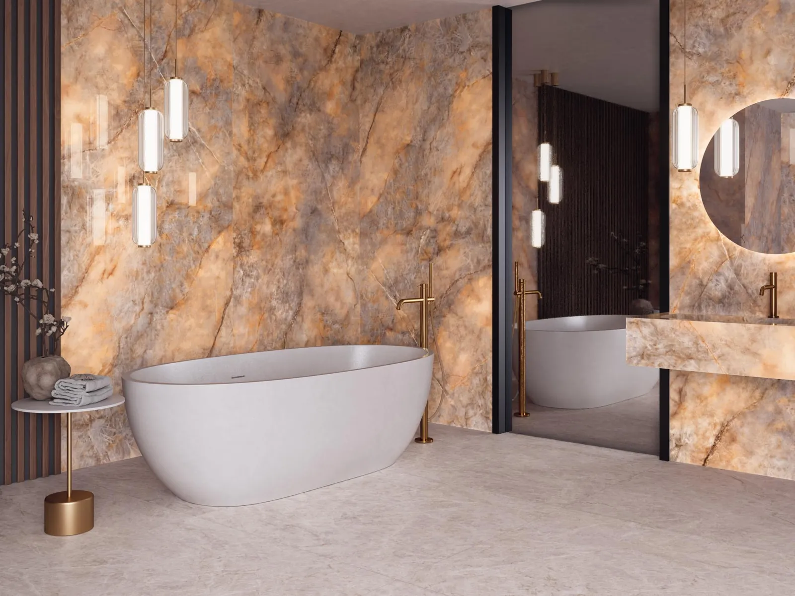 Onyx-look porcelain bathroom with freestanding tub