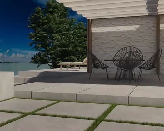 Outdoor terrace laid with large-format tiles