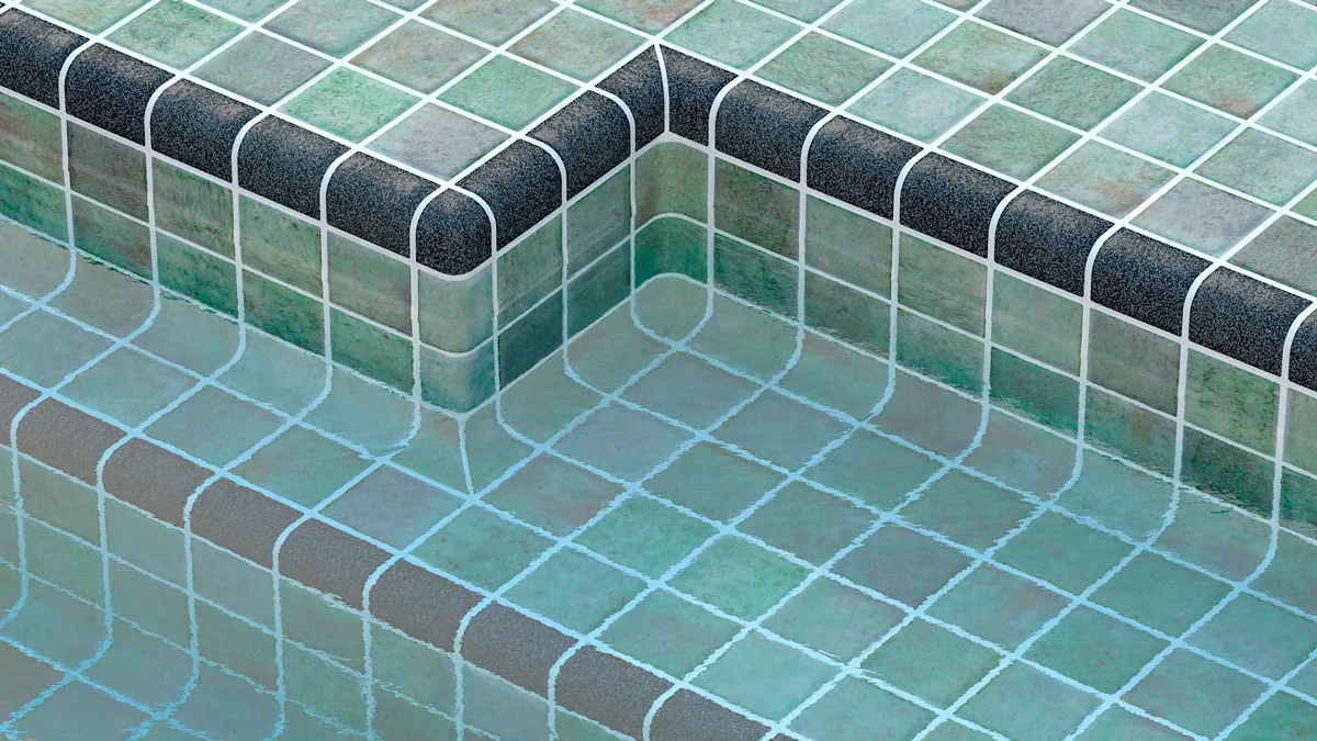 Pool edge finished in green glass mosaic