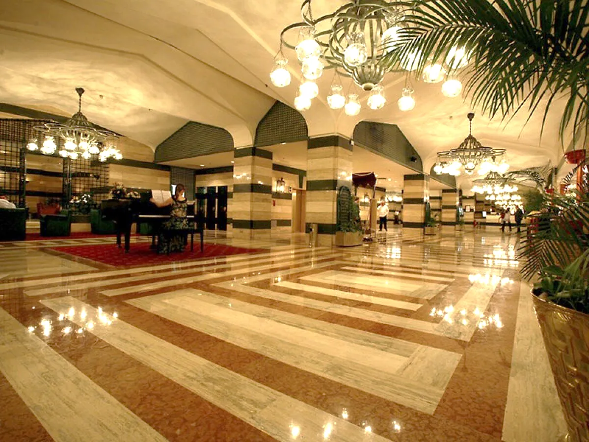 Hotel lobby with polished marble floors